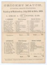 ‘I Zingari v. The Liverpool Club’ 1859. Original early single sided scorecard for the match