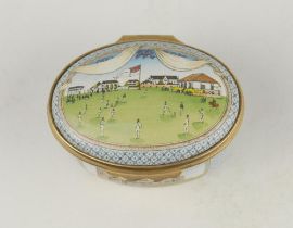 ‘Bicentenary of the M.C.C.’. Halcyon Days oval enamelled pill box. The lid with a cricket match at