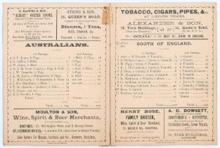Australian tour to England 1886. ‘Randle’s Cricket Score Card of the match between Eleven of the
