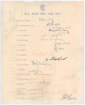‘M.C.C. South Africa Tour 1956-57’. Official M.C.C. autograph sheet fully signed in ink by all