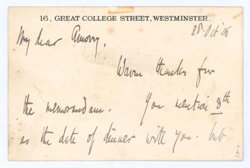 Hon Alfred Lyttelton. Cambridge University, Middlesex & England 1876-1887. Short handwritten note on