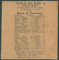 ‘State of the Match of Cricket played at West Malling, Kent... between Kent & England’ 1841. Early