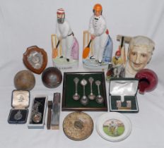 Cricket ceramics and metalware. A selection including ‘Cricketers’ Tape’, original measuring tape