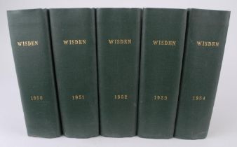 Wisden Cricketers’ Almanack 1950 to 1959. Ten editions bound in dark green boards, with original
