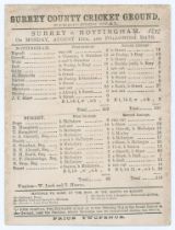 ‘Surrey v. Nottingham’ 1872. ‘McIntyre’s Match’. Early original double sided scorecard for the match