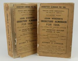 Wisden Cricketers’ Almanack 1905 and 1906. 42nd & 43rd editions. Original paper wrappers. Both