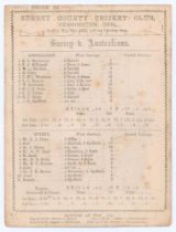 ‘Surrey v. Australians’ 1884. Early original double sided scorecard with printed scores complete