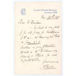 Alexander J. Webbe. Middlesex & England 1875-1900. One page handwritten letter, on ‘M.C.C. Lord’s