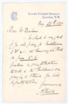 Alexander J. Webbe. Middlesex & England 1875-1900. One page handwritten letter, on ‘M.C.C. Lord’s