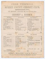 ‘Surrey v. Sussex’ 1876. Early original double sided scorecard with complete printed scores for