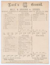 ‘M.C.C. & Ground v. Sussex’ 1893. Early original scorecard with complete printed scores for the