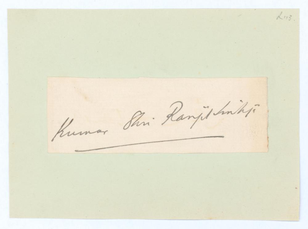 Kumar Shri Ranjitsinhji. Sussex & England 1893-1920. Excellent signature of Ranjitsinhji in ink on