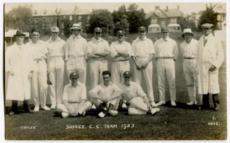 Sussex, Hove 1923. Mono real photograph postcard of the team standing and seated in rows with Arthur