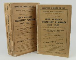Wisden Cricketers’ Almanack 1907 and 1908. 44th & 45th editions. Original paper wrappers. Both