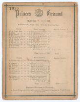 ‘Princes Ground. North v. South’ 1873. Early original single sided scorecard with incomplete printed
