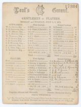 ‘Gentlemen v. Players’ 1874. Early original scorecard for the match played at Lord’s 6th & 7th