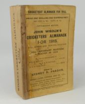 Wisden Cricketers’ Almanack 1915. 52nd edition. Original paper wrappers. Replacement spine. Some