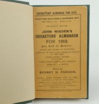 Wisden Cricketers’ Almanack 1919. 56th edition. Bound in dark green boards, with original paper