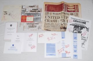 Manchester United. File comprising menus, tickets, programmes and cuttings, some signed. Includes an