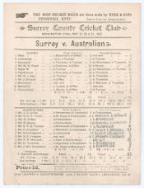 Australia tour to England 1893. ‘Surrey v. Australians’. Early original double sided scorecard