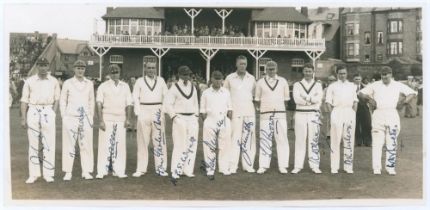 Yorkshire v. M.C.C. Scarborough 1937. Original mono photograph of the M.C.C. team lined up in