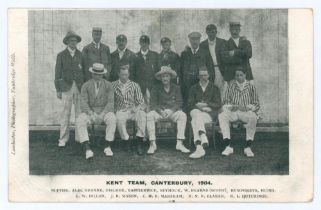 ‘Kent Team, Canterbury, 1904’. Mono postcard of the 1904 Kent team seated and standing in rows