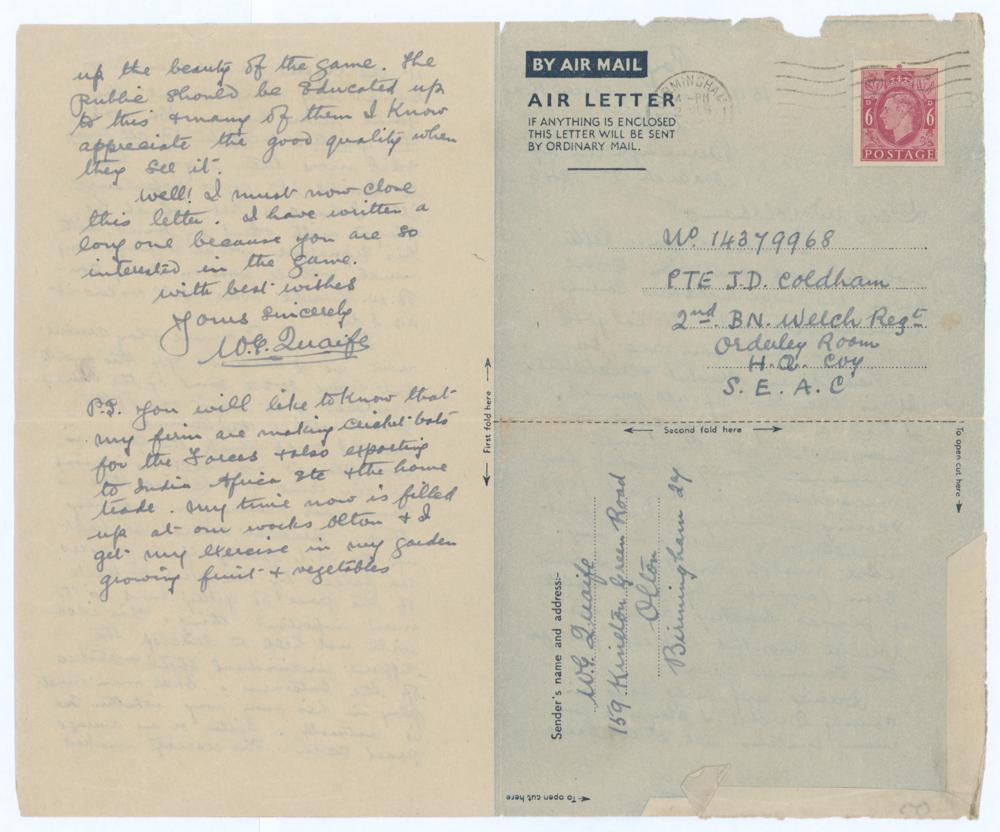 William George Quaife. Warwickshire & England 1894-1928. Three page airmail letter, handwritten in - Image 2 of 2