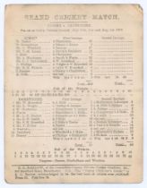 ‘Grand Cricket Match. Sussex v. Derbyshire’ 1883. Early original single sided scorecard with