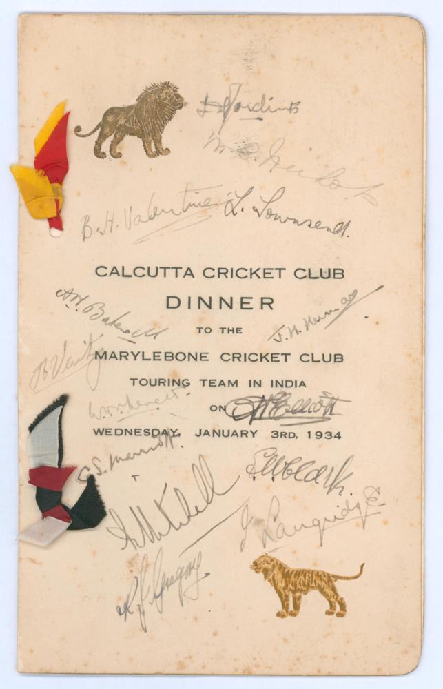 M.C.C. tour of India & Ceylon 1933/34. Official menu for the ‘Calcutta Cricket Club Dinner to the
