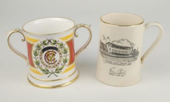 M.C.C. Bicentenary 1787-1987. Spode china two handled loving tankard with decoration and titles to