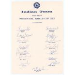 ‘Indian Team. Winners Prudential World Cup 1983’. Official autograph sheet with printed title and