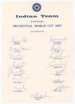 ‘Indian Team. Winners Prudential World Cup 1983’. Official autograph sheet with printed title and
