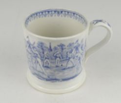 Village cricket mug. Staffordshire 19th century mug, transfer printed in pale blue with two scenes