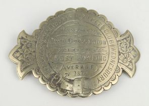 Cricket belt buckle. A large curved Victorian heavily decorated silver belt buckle awarded to John
