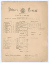‘Princes Ground. North v. South’ 1878. Early original single sided scorecard with complete printed