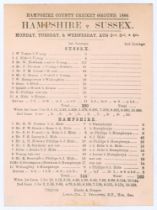 ‘Hampshire v. Sussex’ 1886. Early original double sided scorecard with complete printed scores for