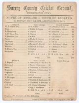 ‘North of England v. South of England’ 1871. Early original double sided scorecard for the match