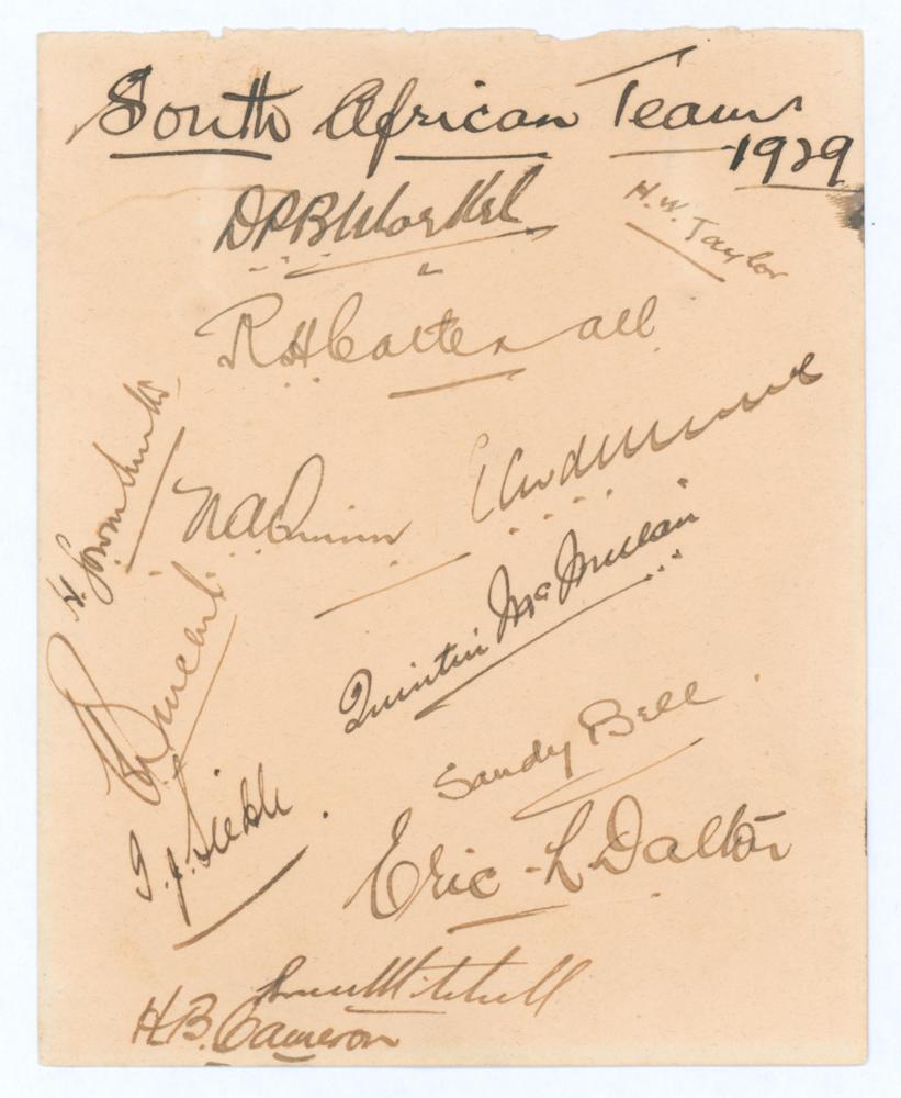 ‘South African Team 1929’. Album page nicely signed in ink by thirteen members of the 1929 South