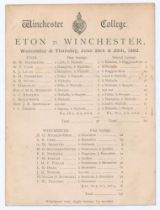 ‘Eton v. Winchester’ 1882. Early original single sided scorecard with complete printed scores for