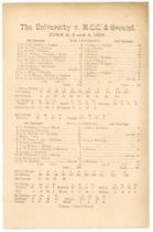 ‘The [Oxford] University v. M.C.C. & Ground’ 1892. Original single sided scorecard for the twelve