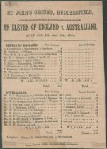 ‘An Eleven of England v. Australians’ 1884. Early original commemorative silk scorecard with