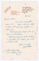 John Berry ‘Jack’ Hobbs. Surrey & England 1905-1934. Single page handwritten letter written in ink