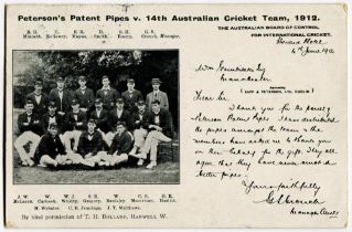 ‘Peterson’s Patent Pipes v. 14th Australian Cricket team 1912’. Original printed mono advertising