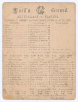 Australian tour to England 1890. ‘Australians v. Players’. Early original single sided scorecard