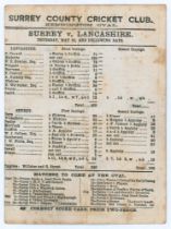 ‘Surrey v. Lancashire’ 1867. Early original double sided scorecard for the match played at