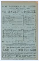 ‘The [Cambridge] University v. Yorkshire’ 1891. Early original scorecard with complete printed