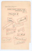 England v India 1936. Surrey C.C.C. headed page nicely signed in ink by the eleven members of the