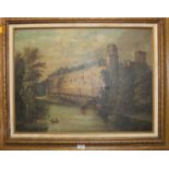 19th century English school - View of a castle from across the river, oil on canvas, 45x60cmDirty,