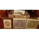 A box of assorted pictures, prints, frames, needlework etc