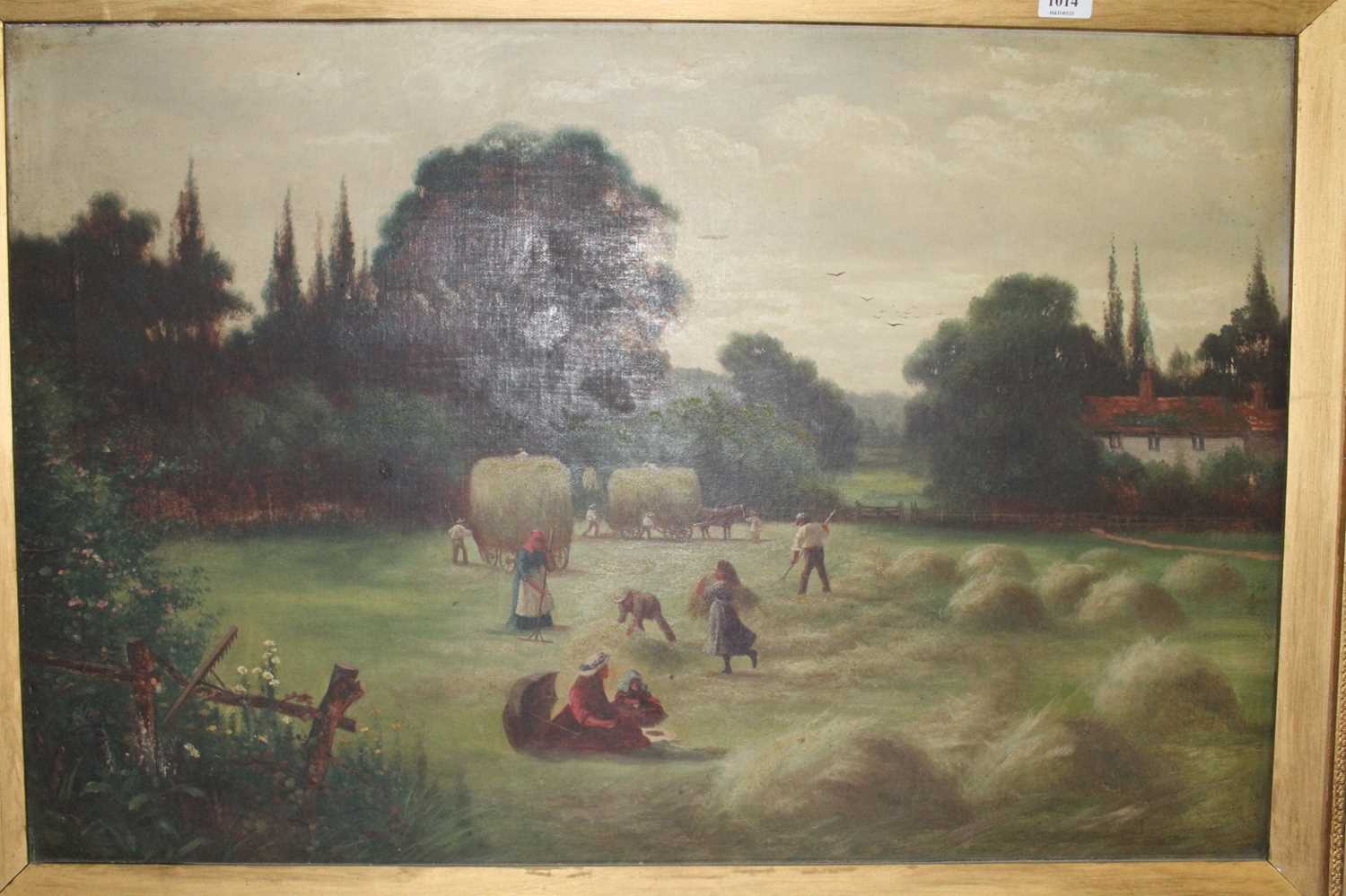 Early 20th century English school - Harvest Time, oil on canvas, 50x75cmDirty, small areas re- - Image 2 of 6